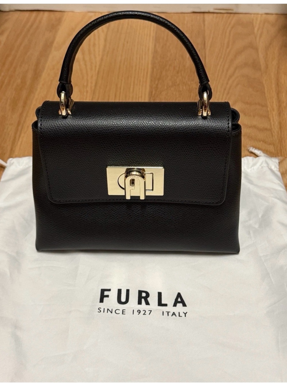 Furla Black Leather Top-Handle Crossbody with Gold Hardware